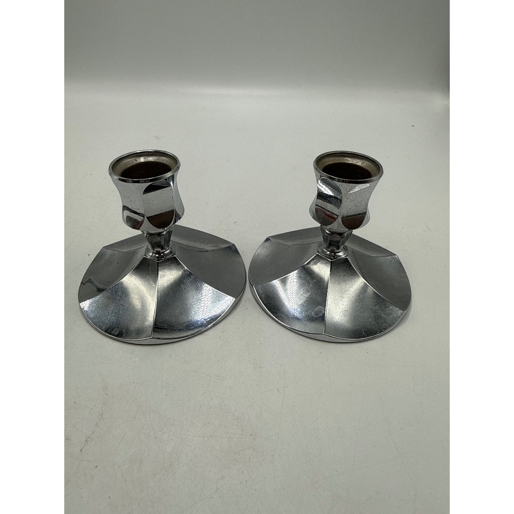 Vintage Irvinware Chrome Candlestick Holders Pair Art Deco Geometric USA Made
